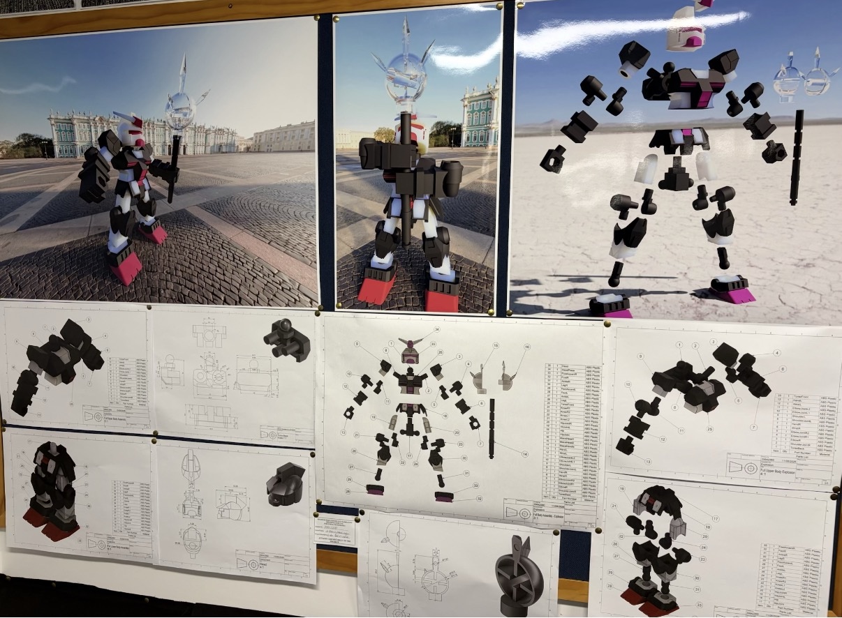 A display of robot design work with digital models and technical drawings